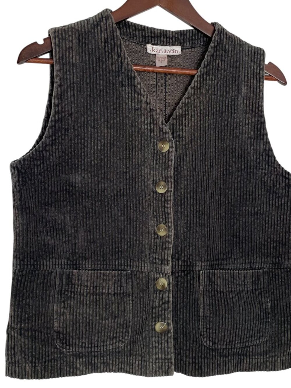 Vintage 90s Karavan Corduroy Button Front Vest S Olive Green Gorpcore Granola